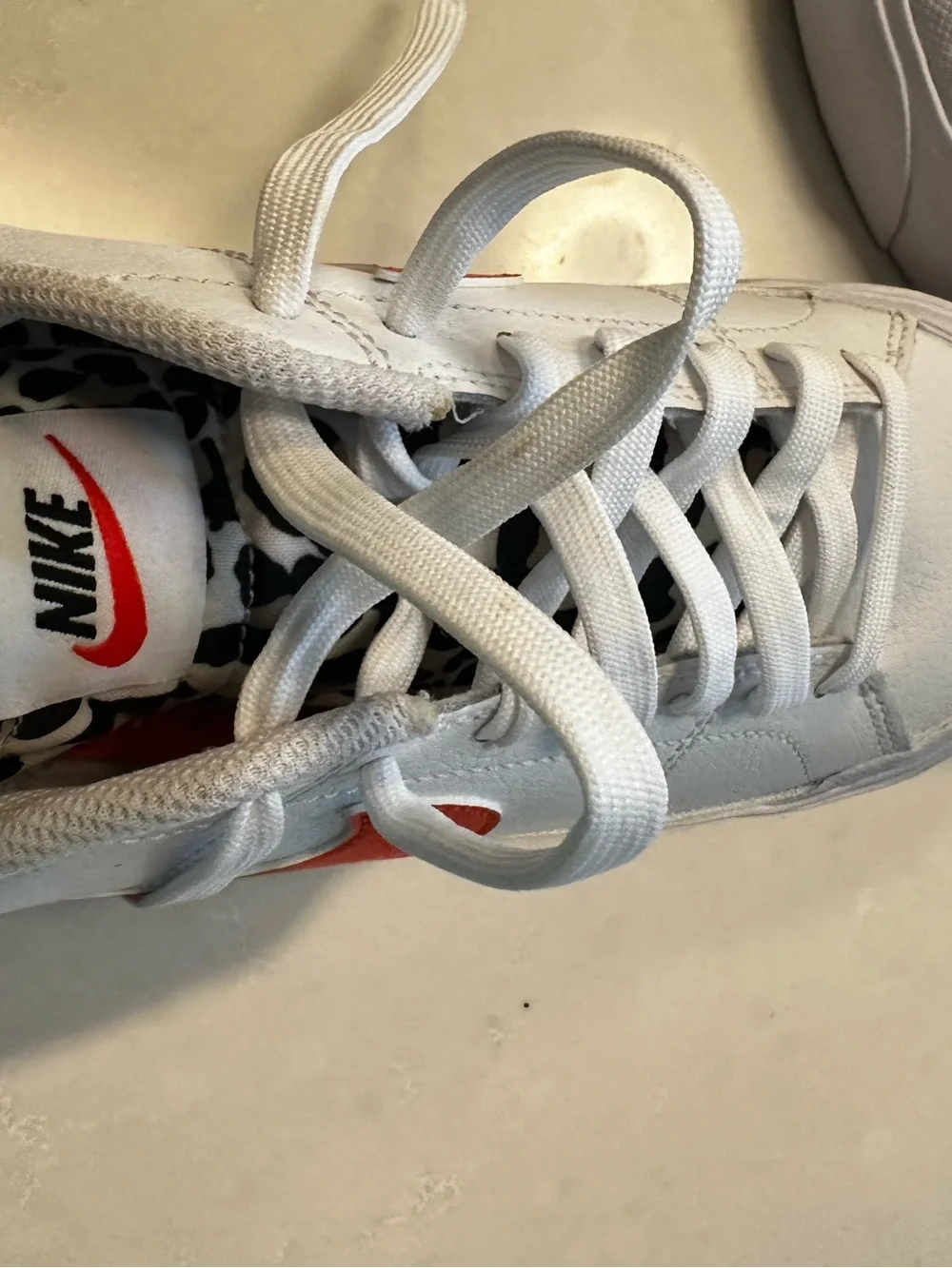 Nike White Low Platform Sneakers with Orange Swoosh and Leopard Accent size 8.5